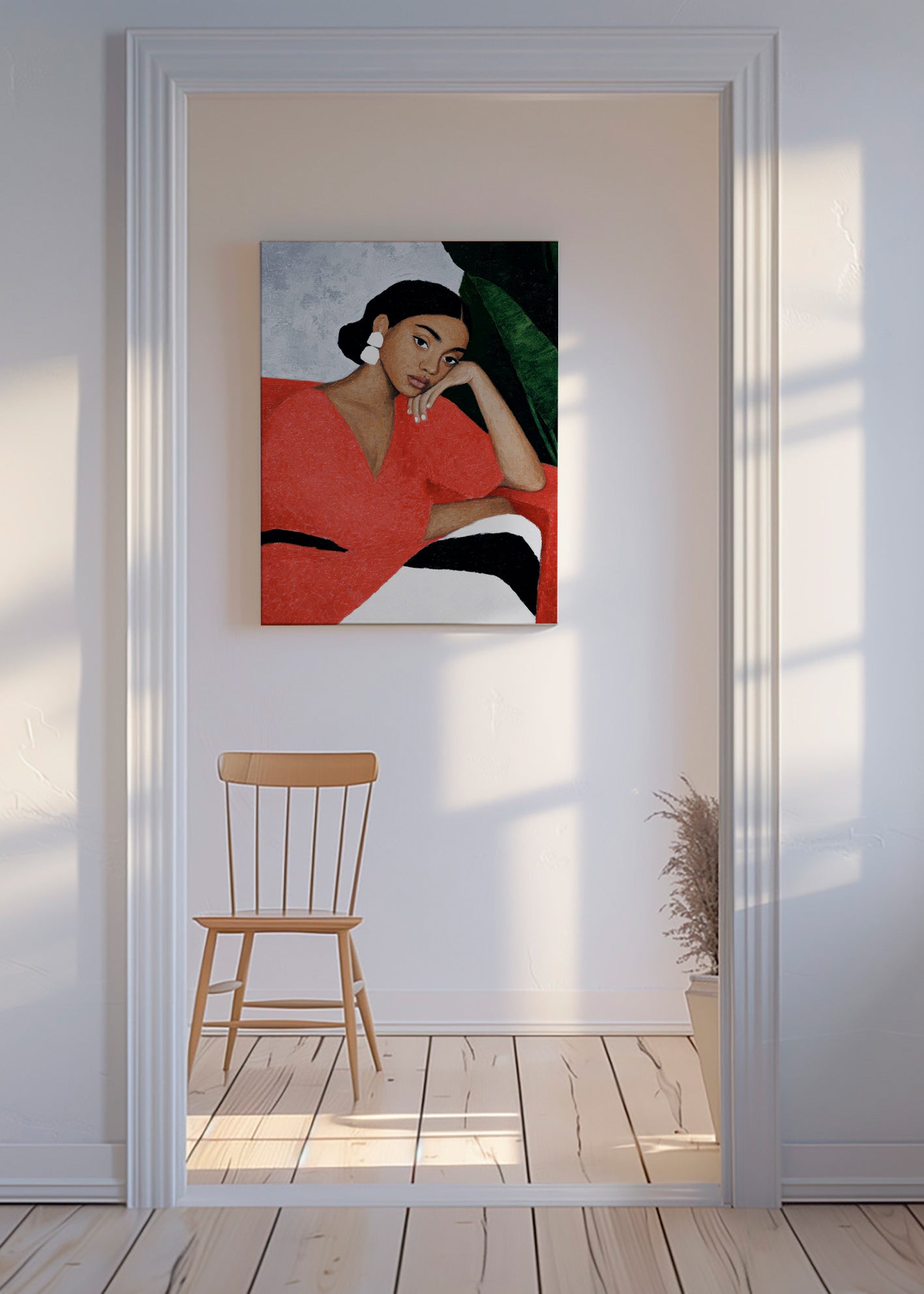 Ilustración de mujer con vestido rojo y hoja tropical – Canvas