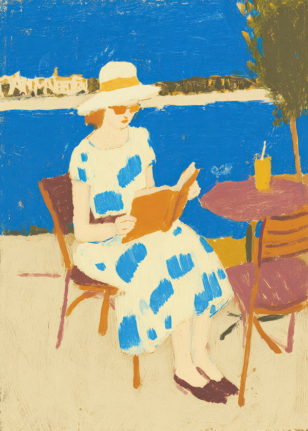 Ilustración lectora en terraza marítima