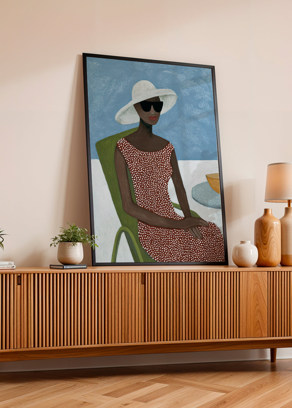 Ilustración femenina con sombrero y silla verde – Product2