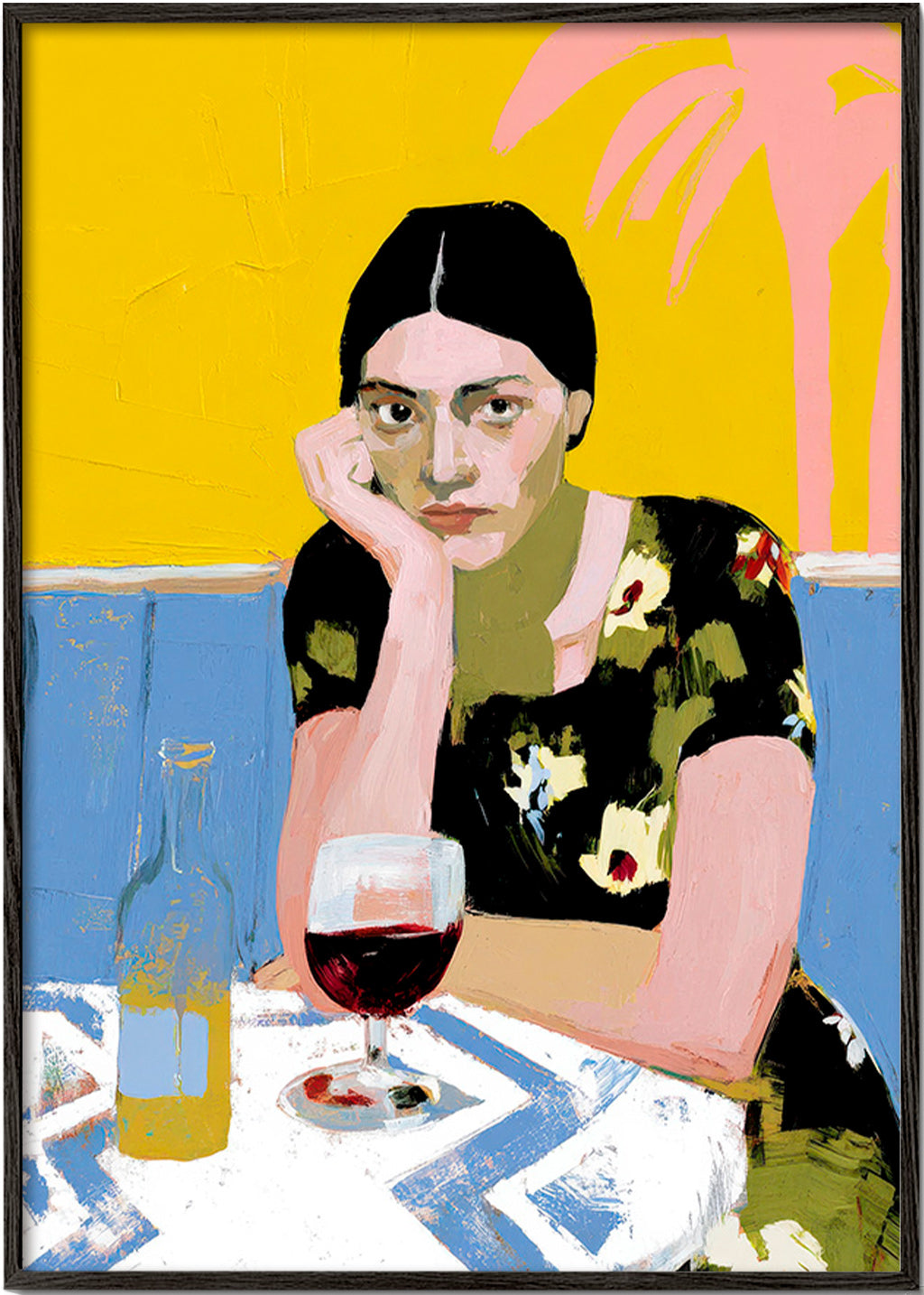 Cuadro de cocina: mujer con cóctel en mesa – Black Frame