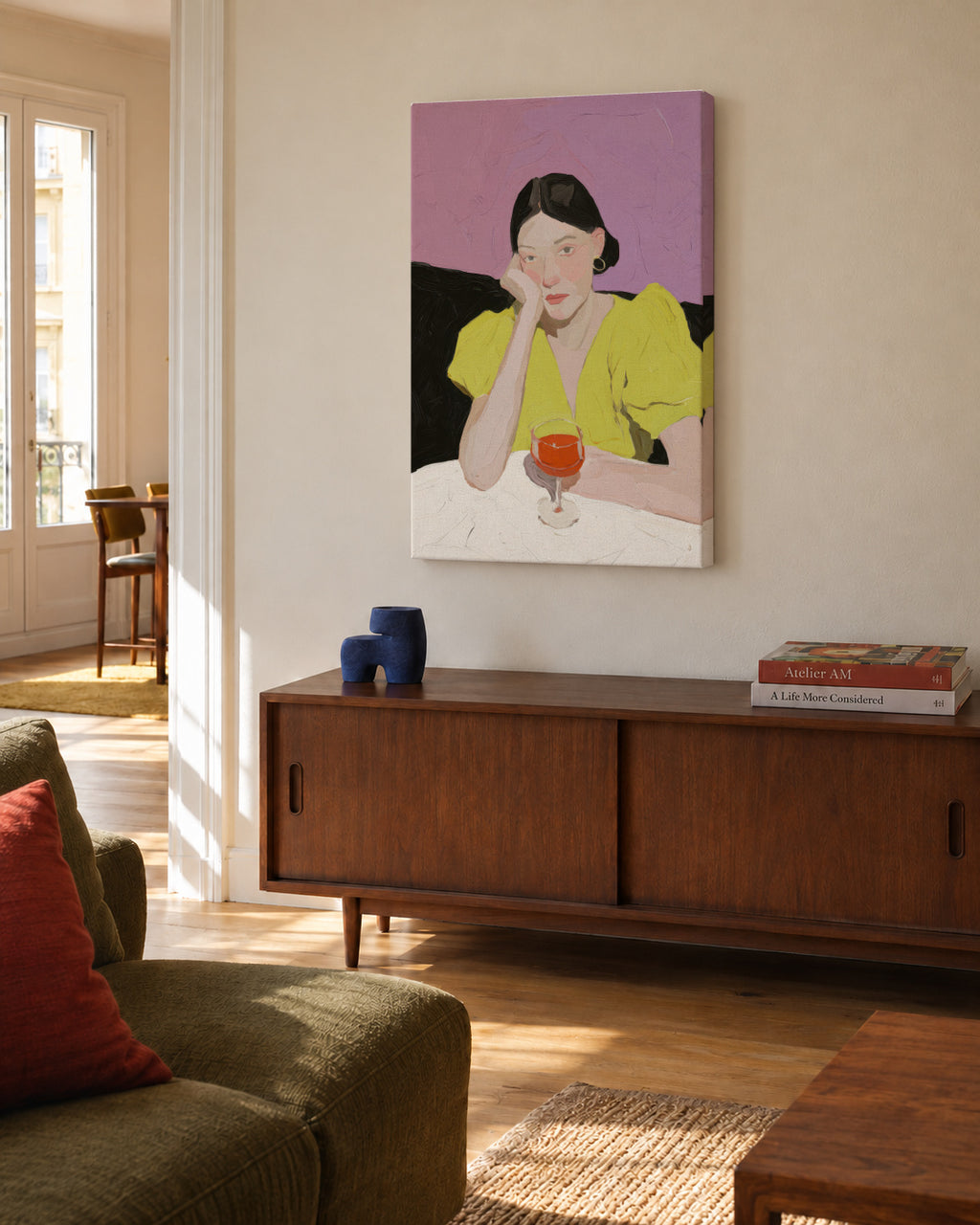 Lime Green Stillness - Unframed canvas in an interior
