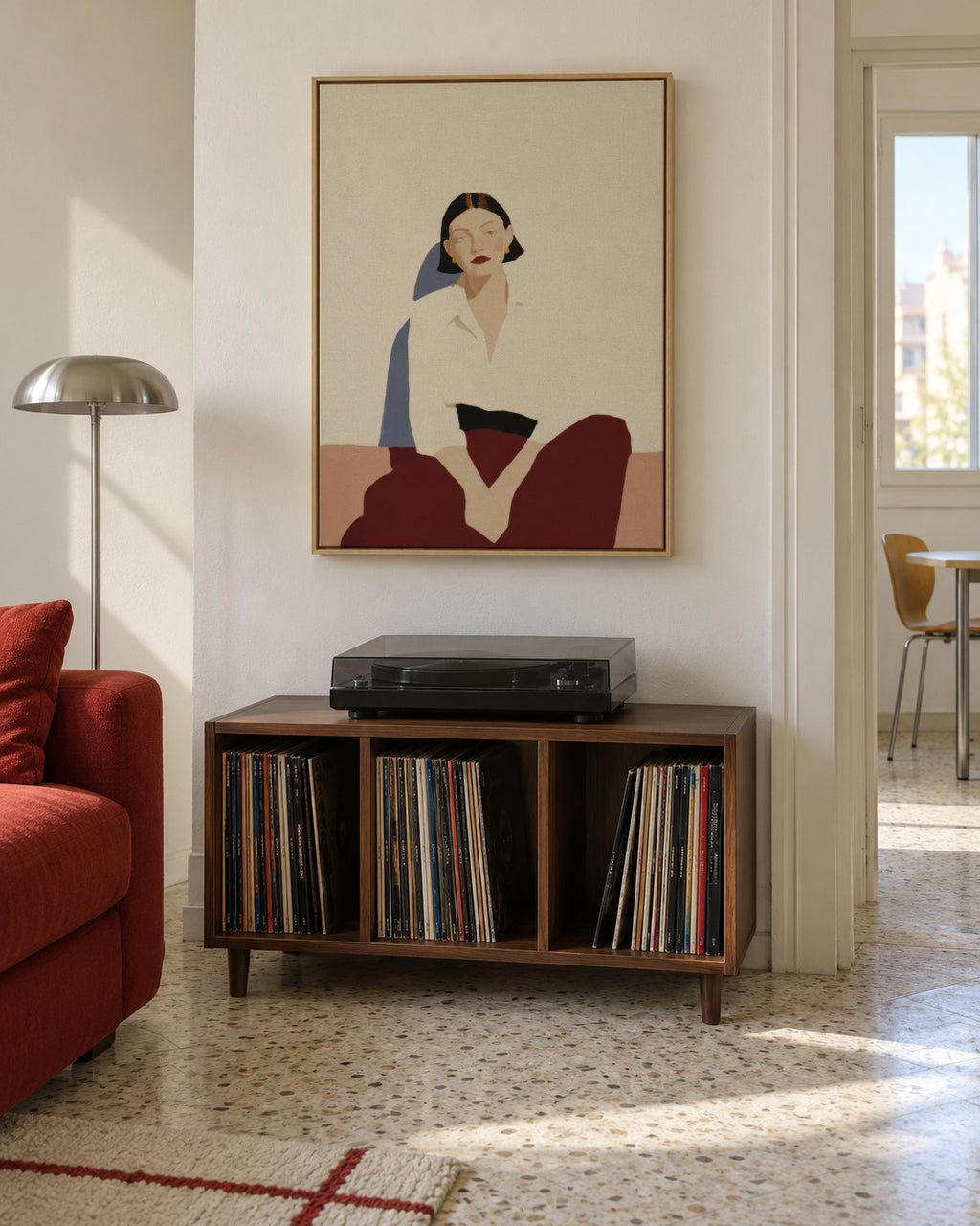 Minimalist Seated Figure - Framed canvas in an interior