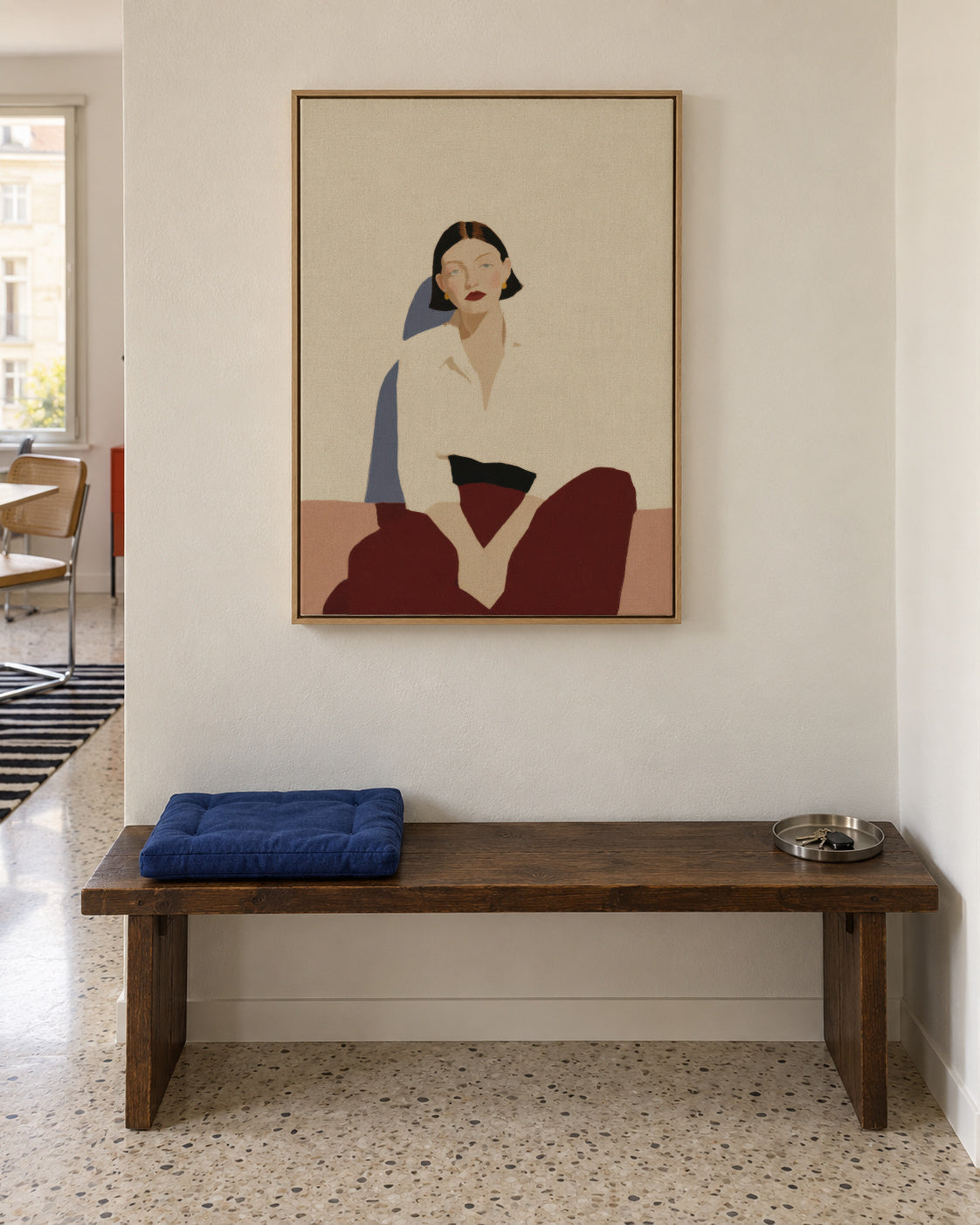Minimalist Seated Figure - Framed canvas in an interior