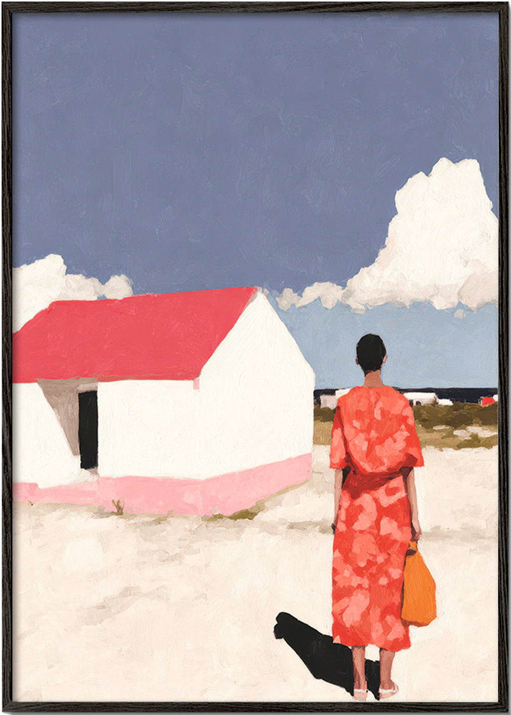 Cuadro de paisaje con figura y casita roja – Black Frame