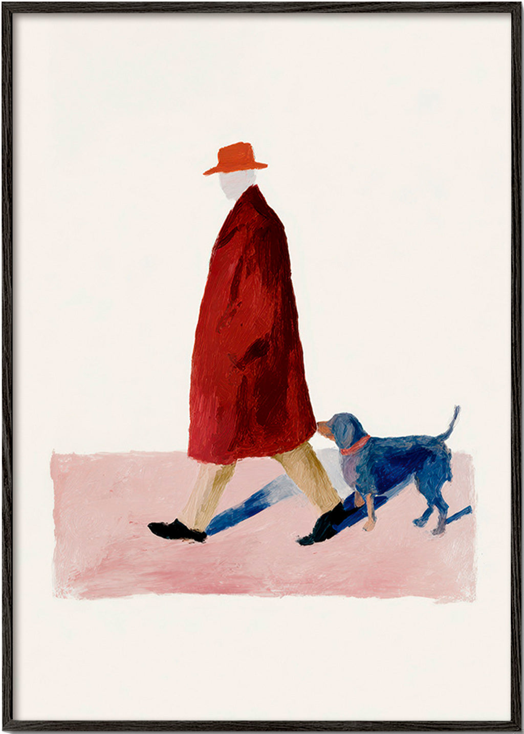 Ilustración de paseante con perro y abrigo rojo – Black Frame