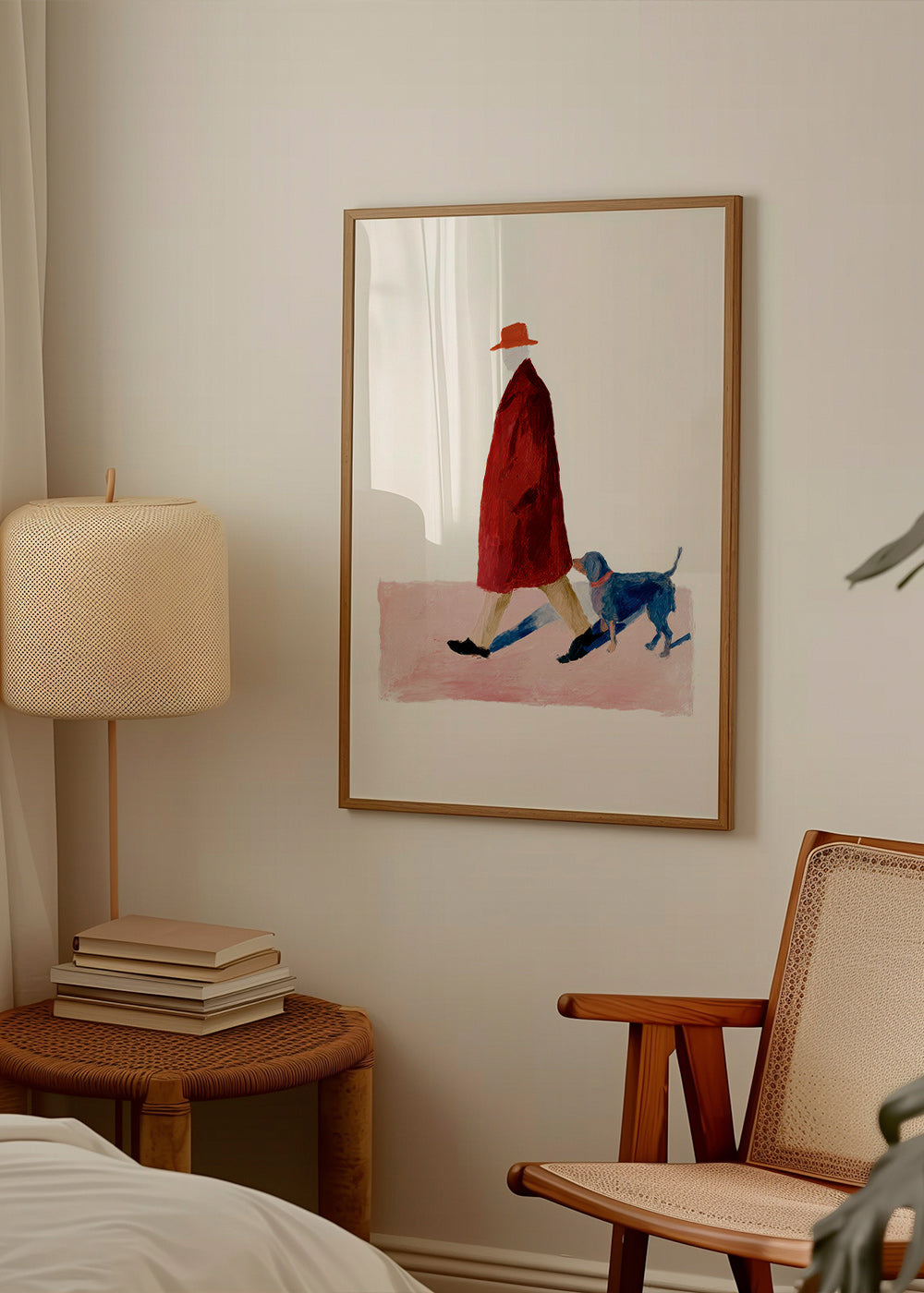 Ilustración de paseante con perro y abrigo rojo – Product1