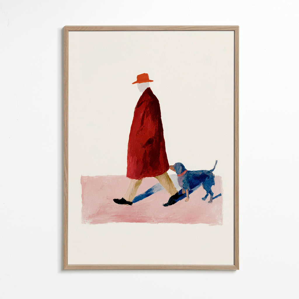 Ilustración de paseante con perro y abrigo rojo – Oak Frame