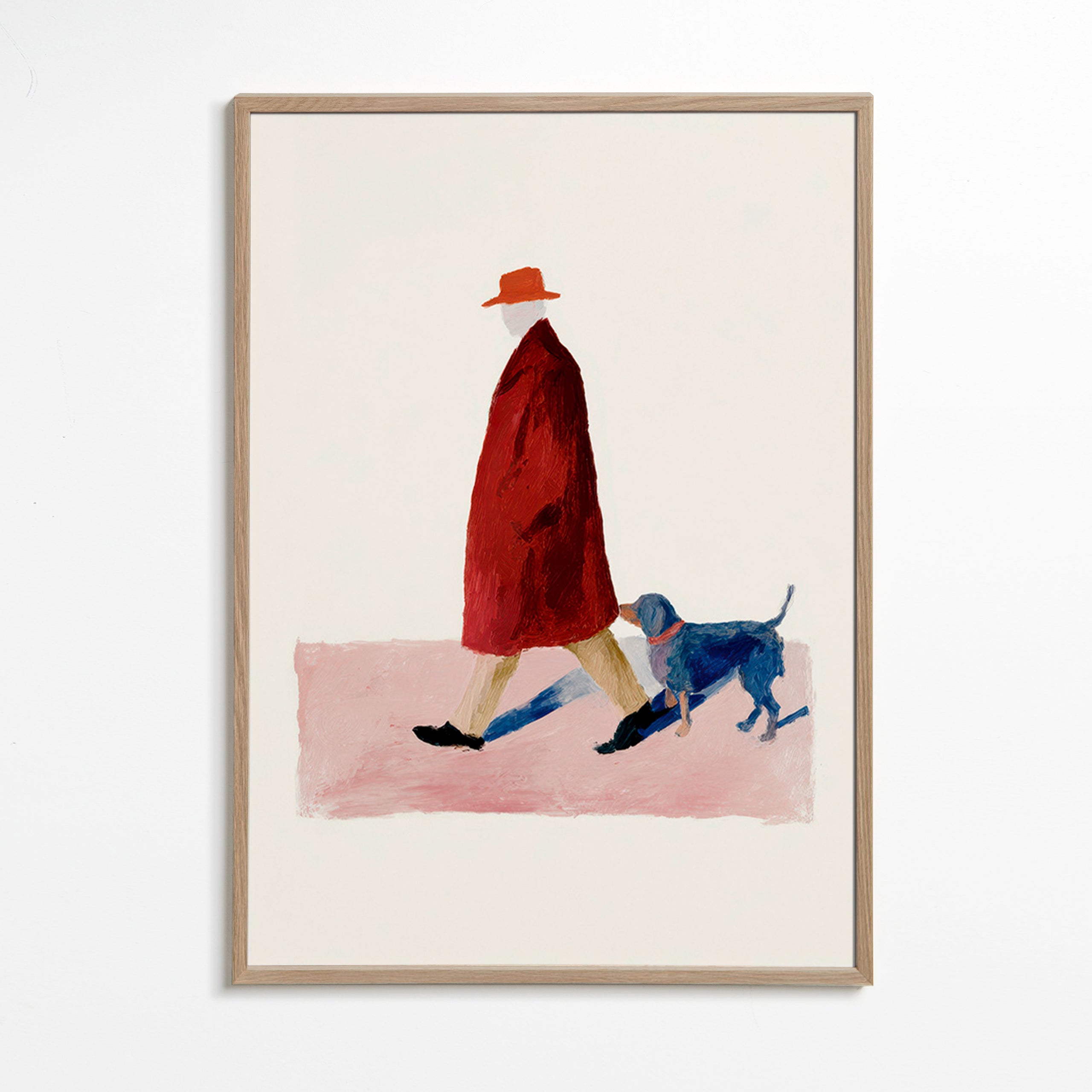 Ilustración de paseante con perro y abrigo rojo – Oak Frame