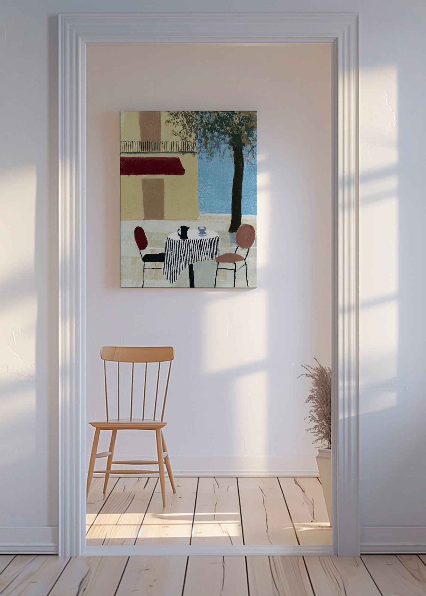 Cuadro de cocina con terraza y mesa bajo toldo – Canvas