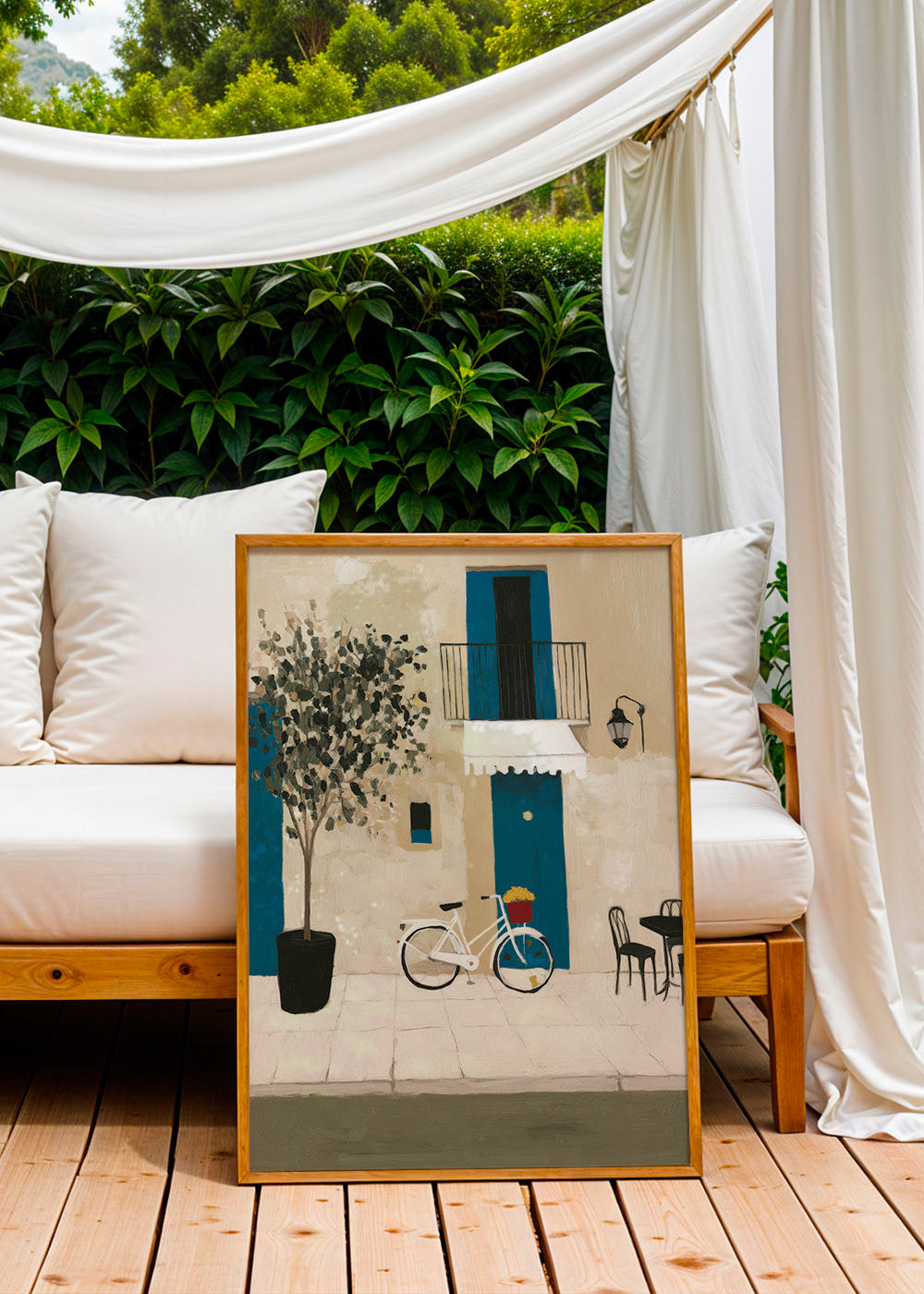 Ilustración: bicicleta junto a puerta azul – Product1