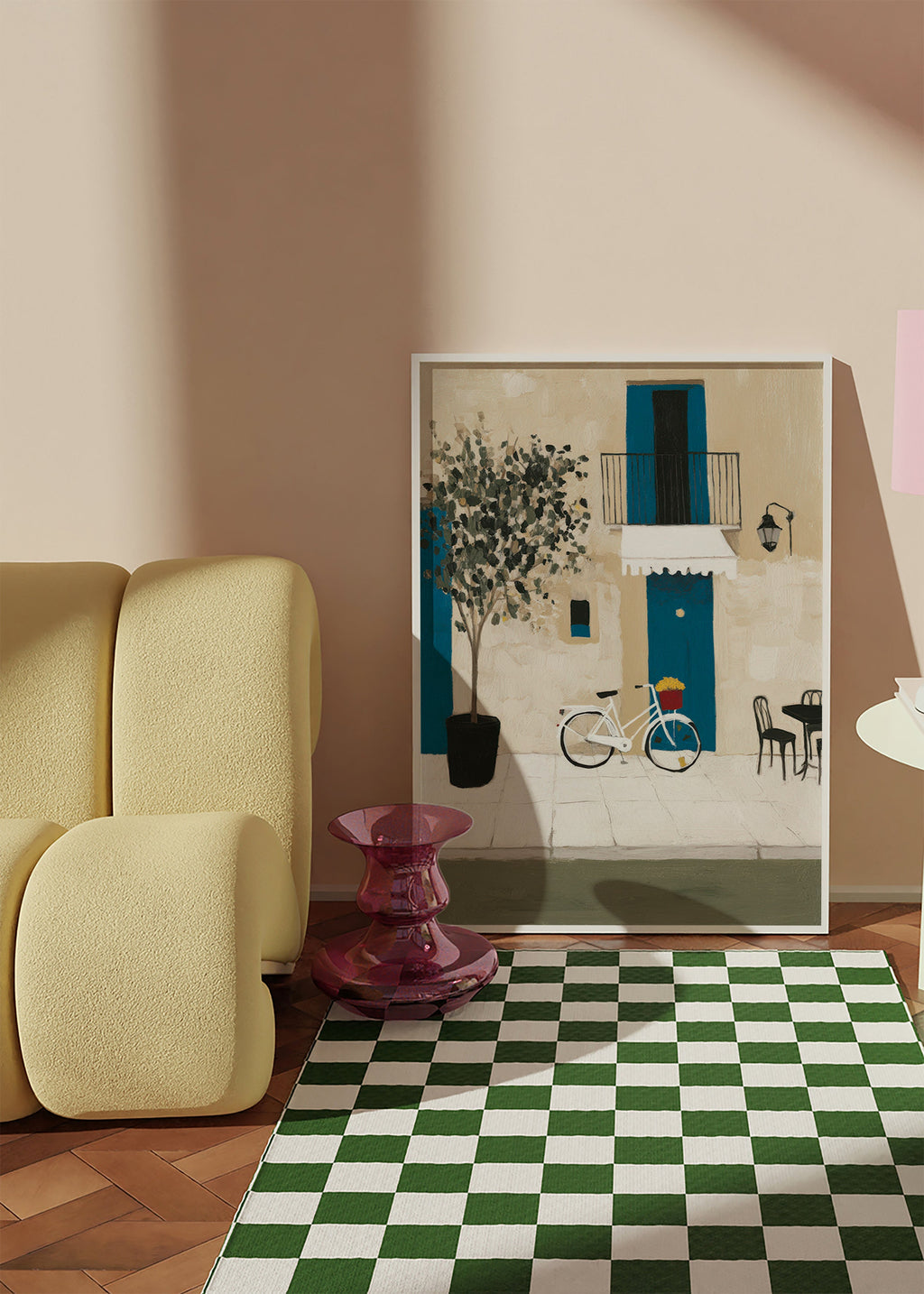 Ilustración: bicicleta junto a puerta azul – Product3