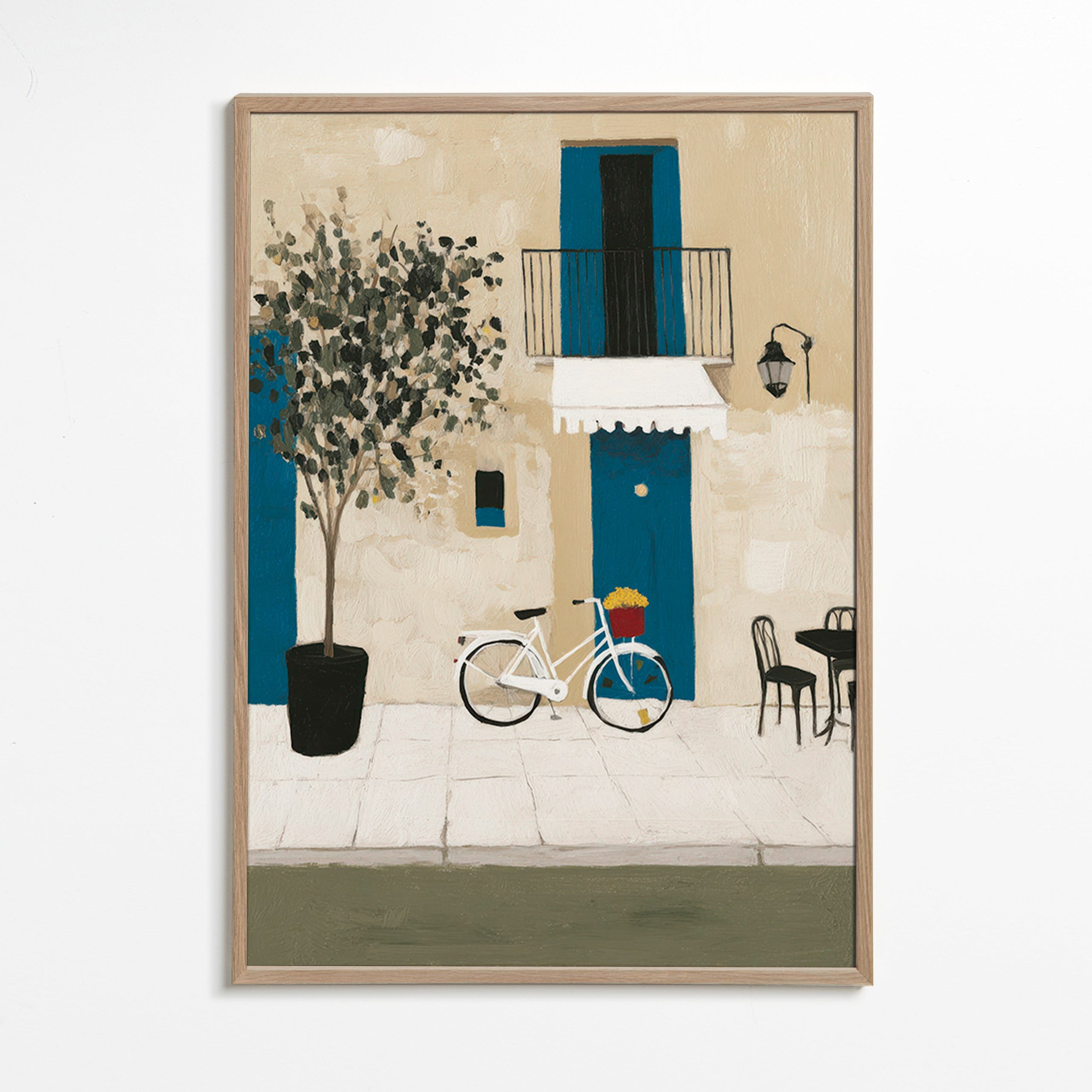 Ilustración: bicicleta junto a puerta azul – Oak Frame
