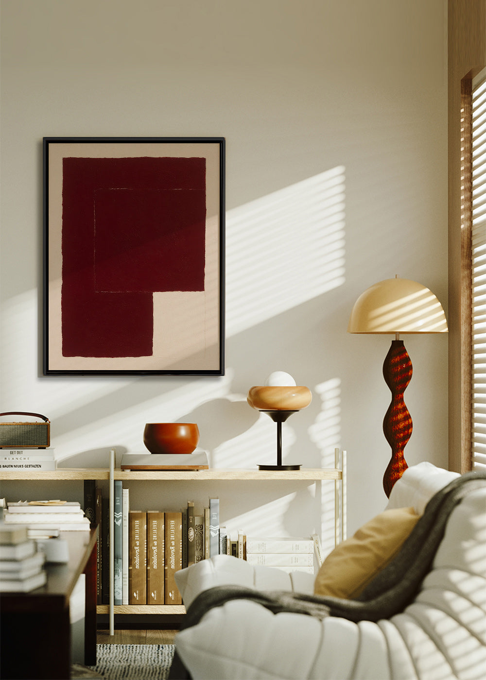 Cuadro abstracto con bloques granate – Canvas2