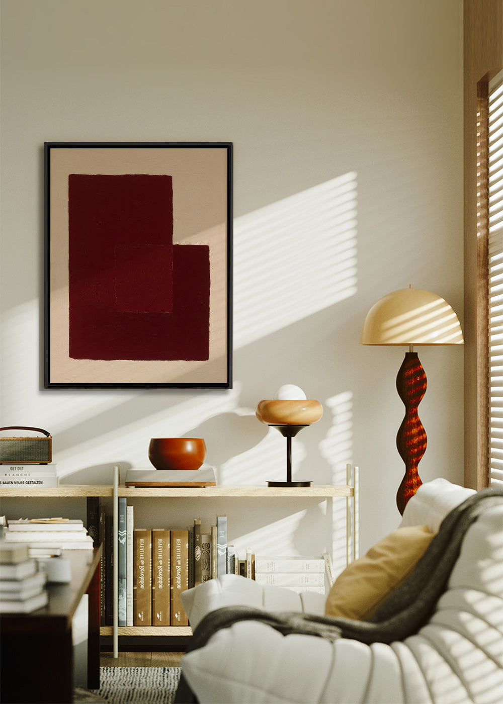 Cuadro abstracto granate con rectángulos superpuestos – Canvas1