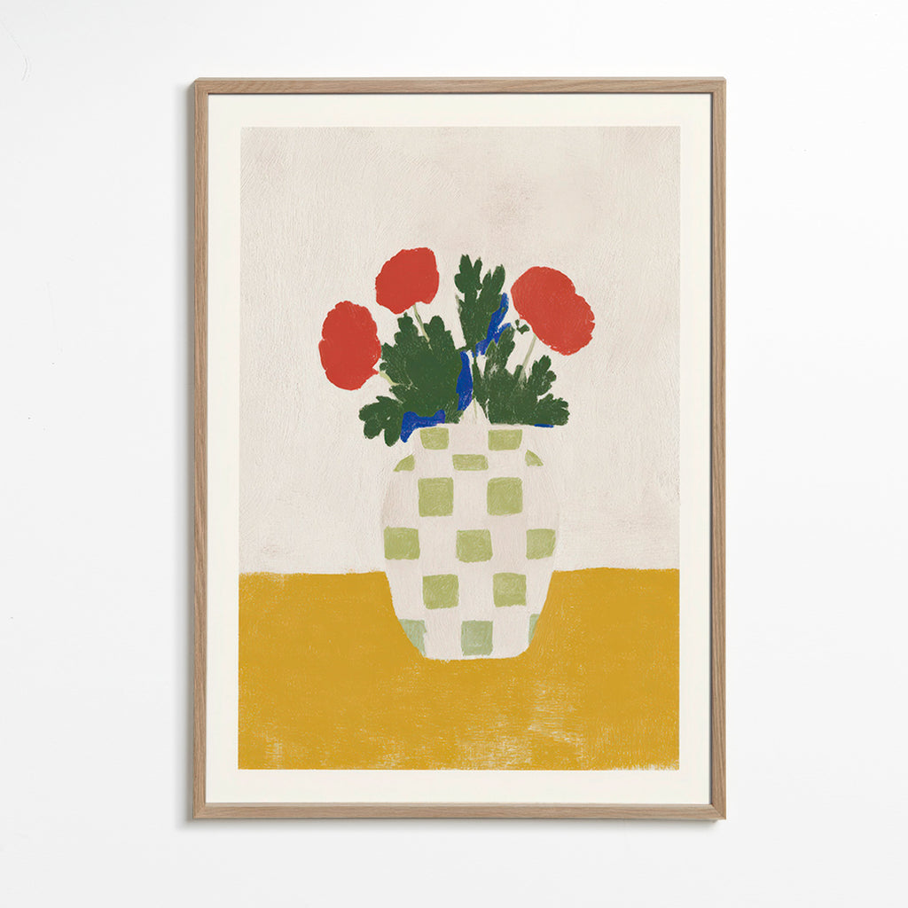 Lámina botánica: jarrón a cuadros con amapolas – Oak Frame