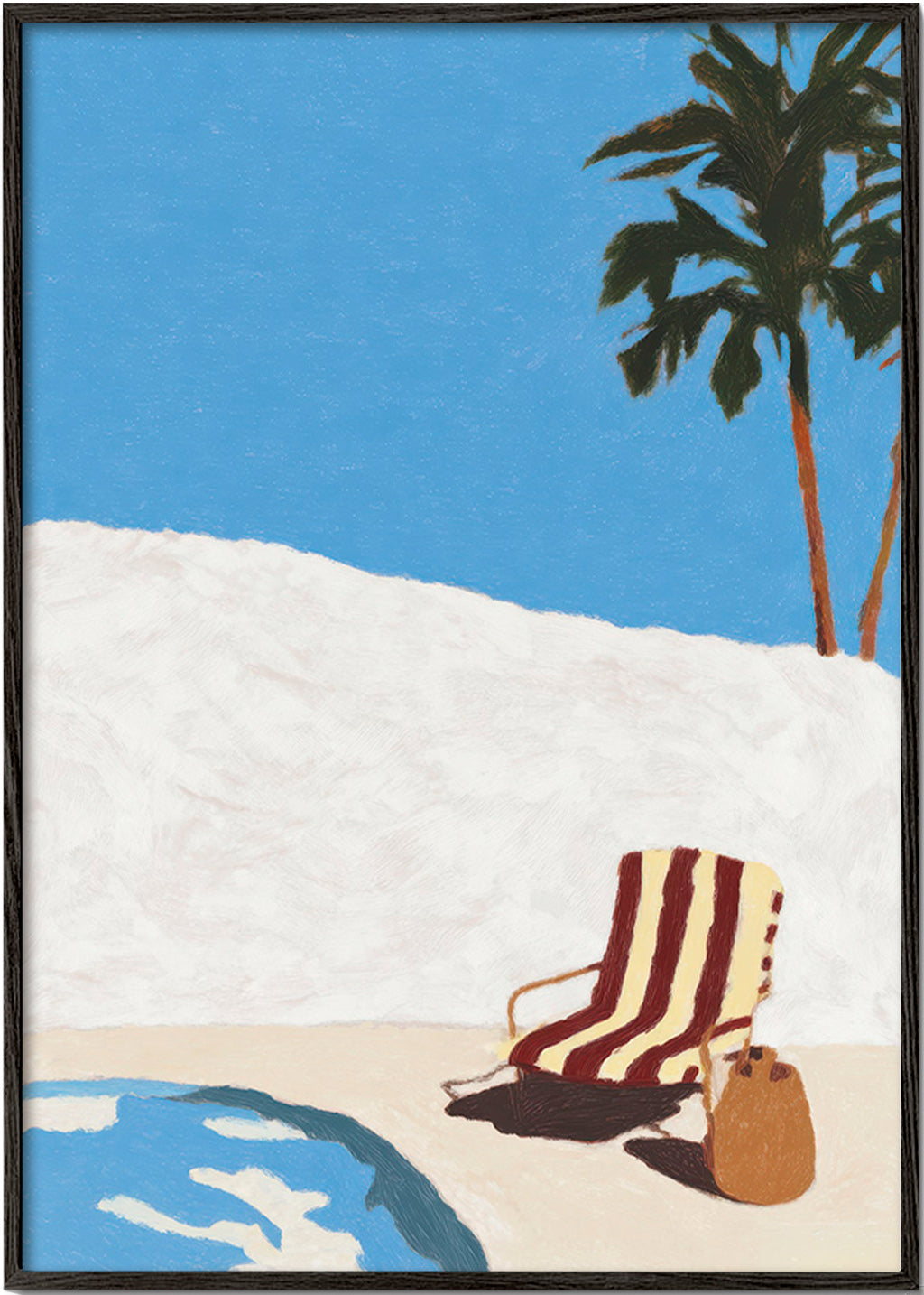 Cuadro de paisaje con tumbona y palmera – Black Frame