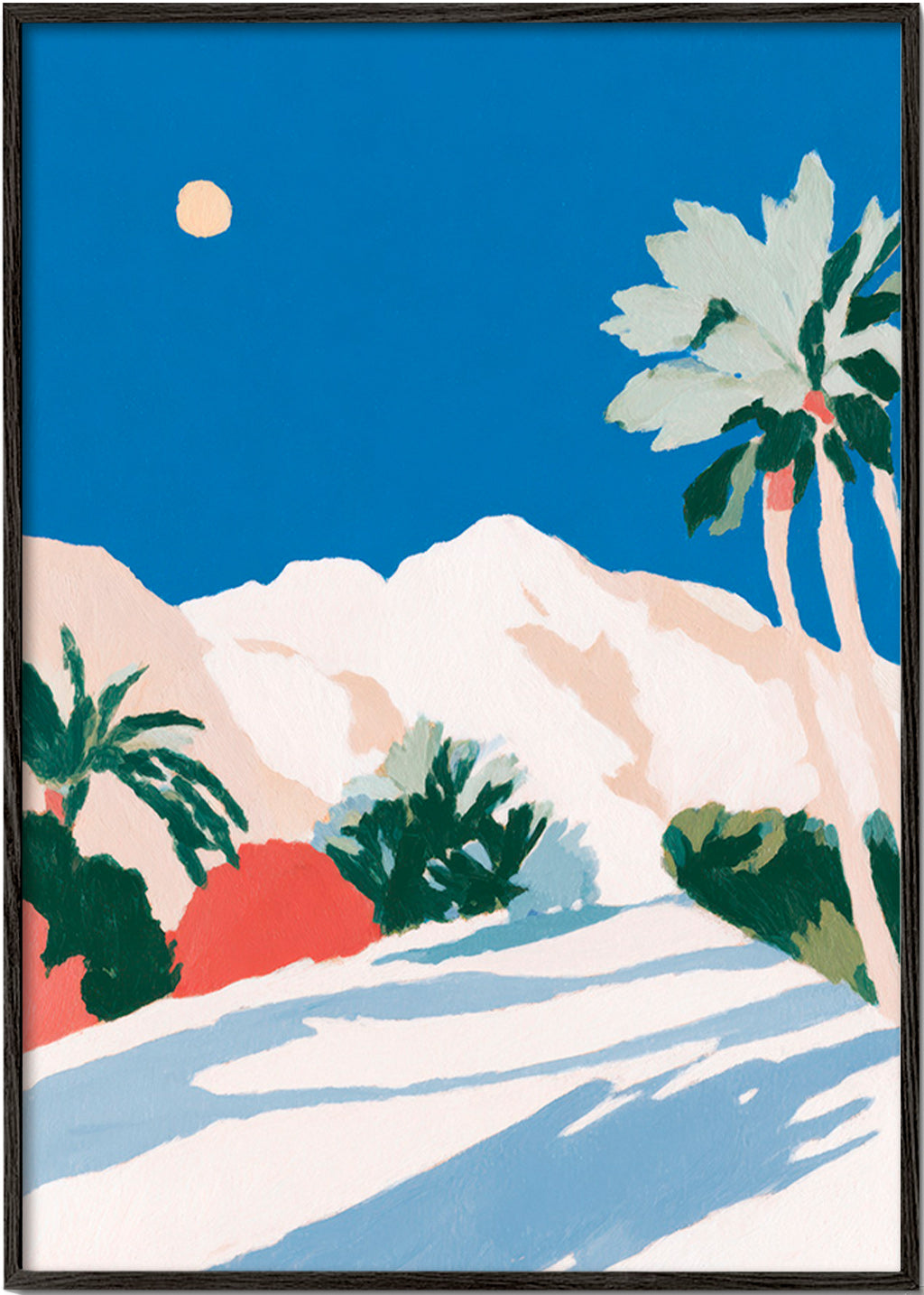 Lámina botánica con palmeras y montaña – Black Frame