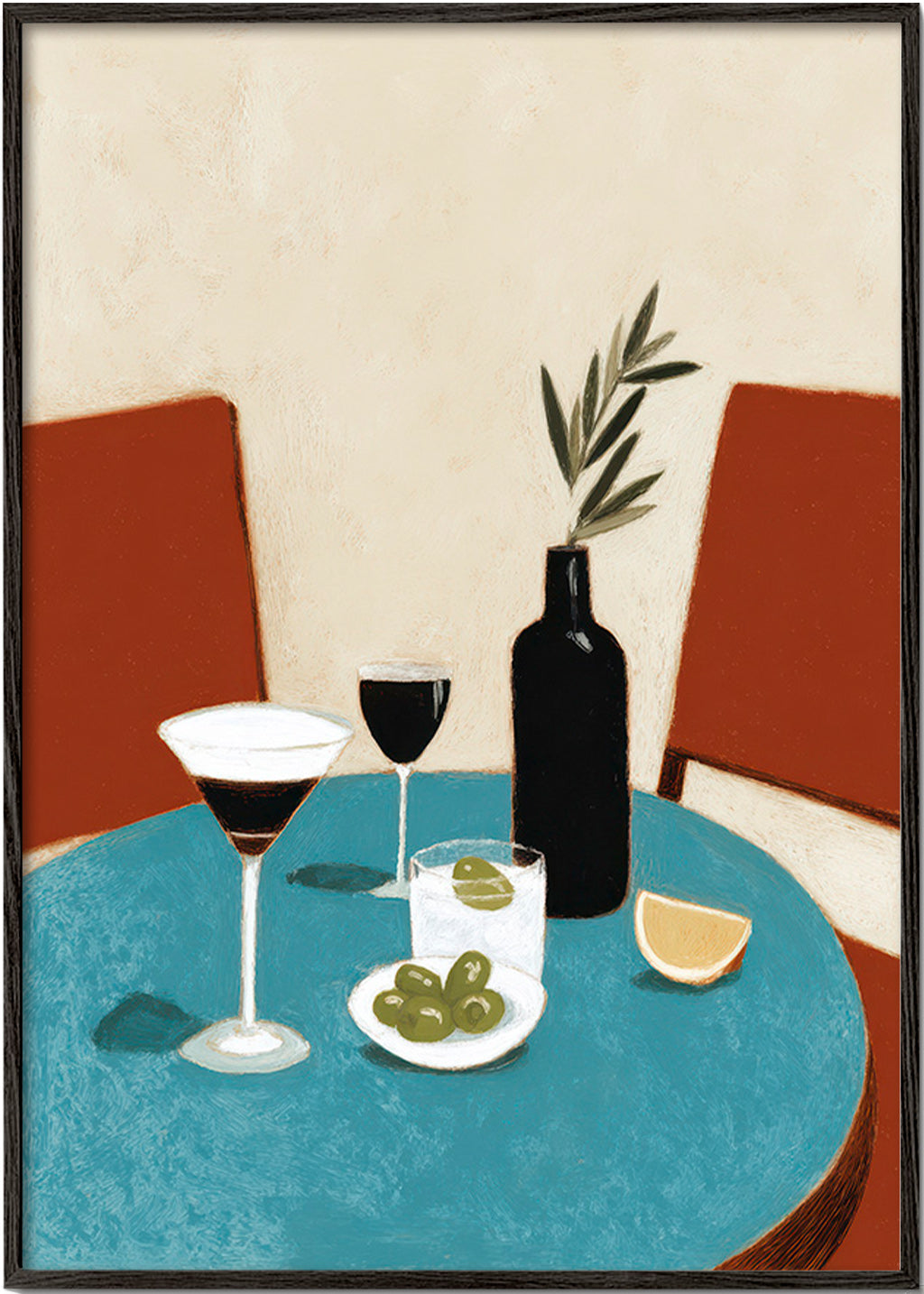 Cuadro de cocina con aperitivo sobre mesa azul – Black Frame