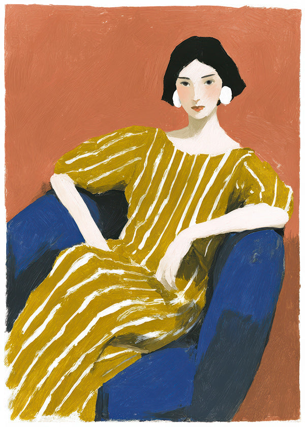 Ilustración: mujer con vestido dorado a rayas