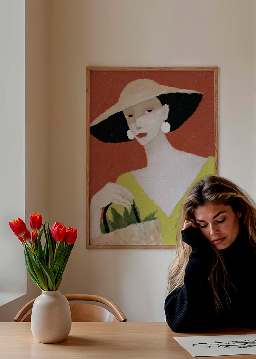 Ilustración: mujer con sombrero y cesta – Product3