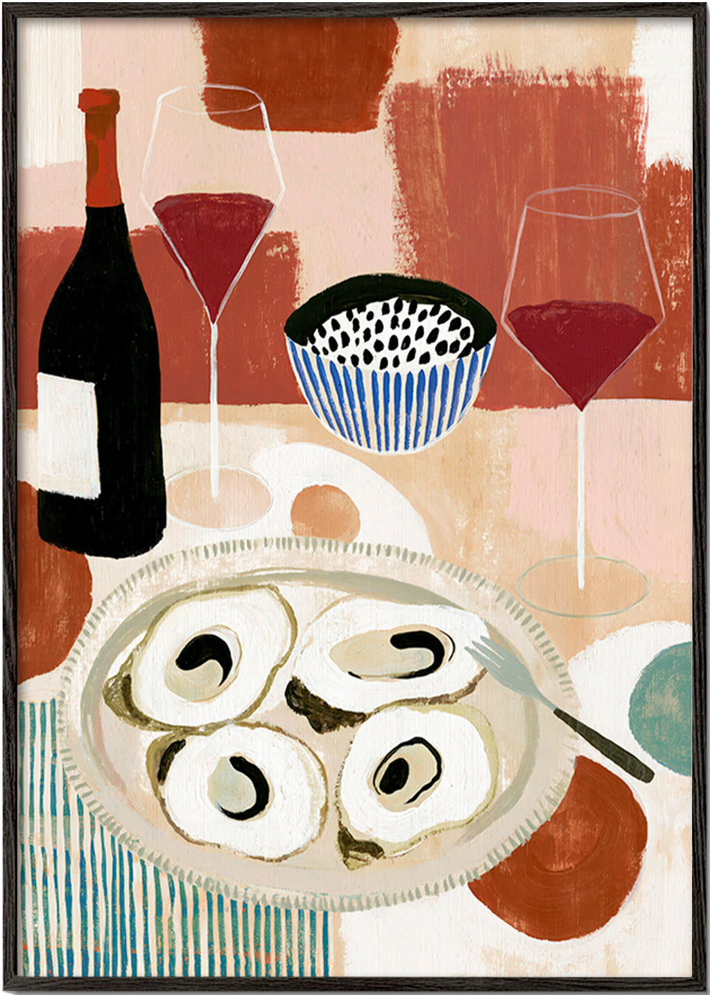 Kitchen art: oyster still life with wine
