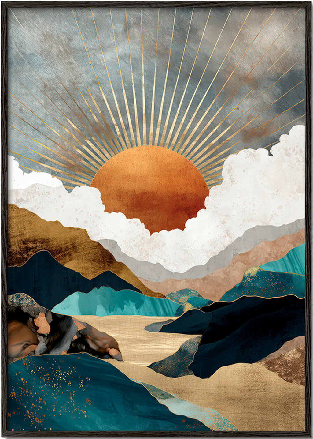 Landscape art: golden sun over abstract mountains