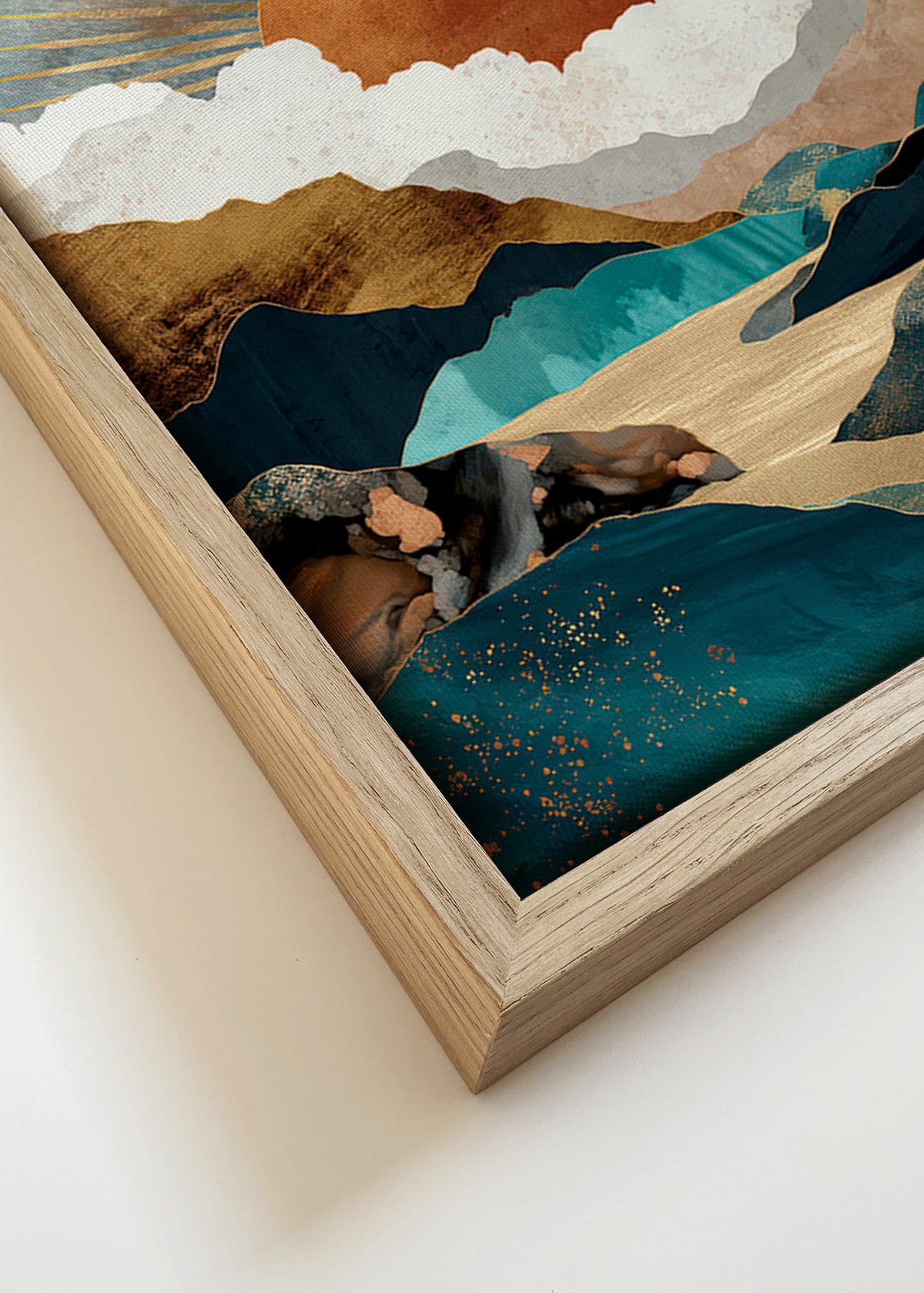 Cuadro de paisaje: atardecer dorado y montañas abstractas – Canvas detail