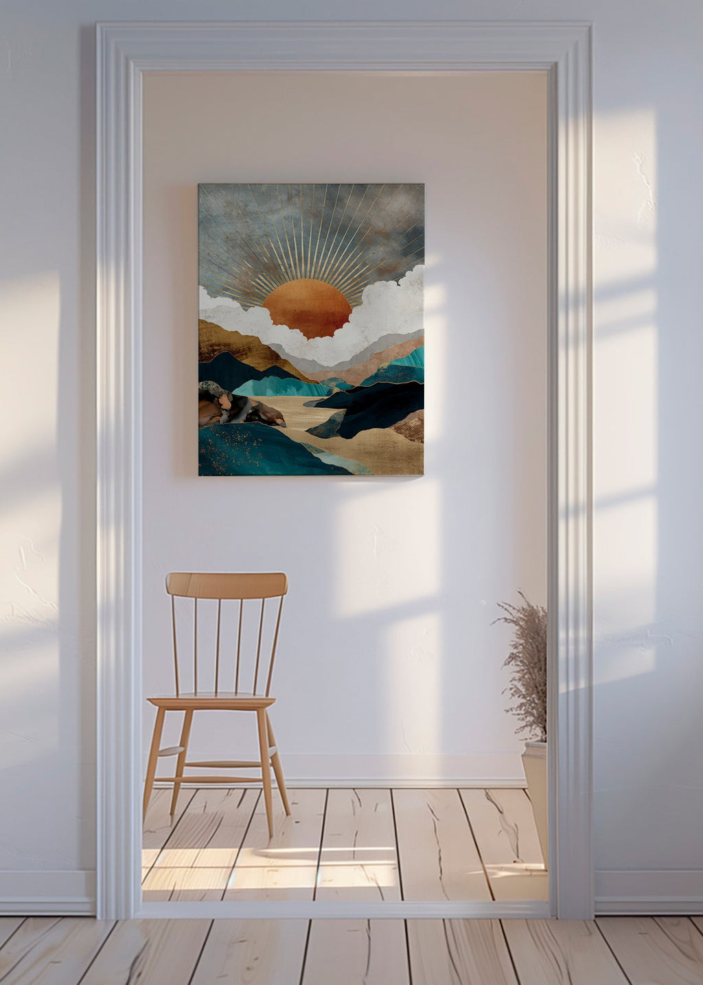 Landscape art: golden sun over abstract mountains