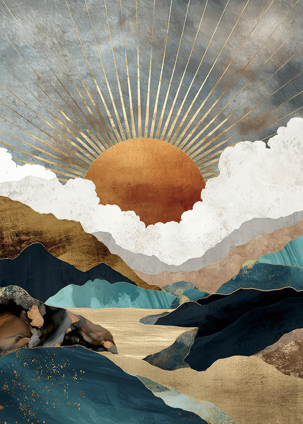 Landscape art: golden sun over abstract mountains