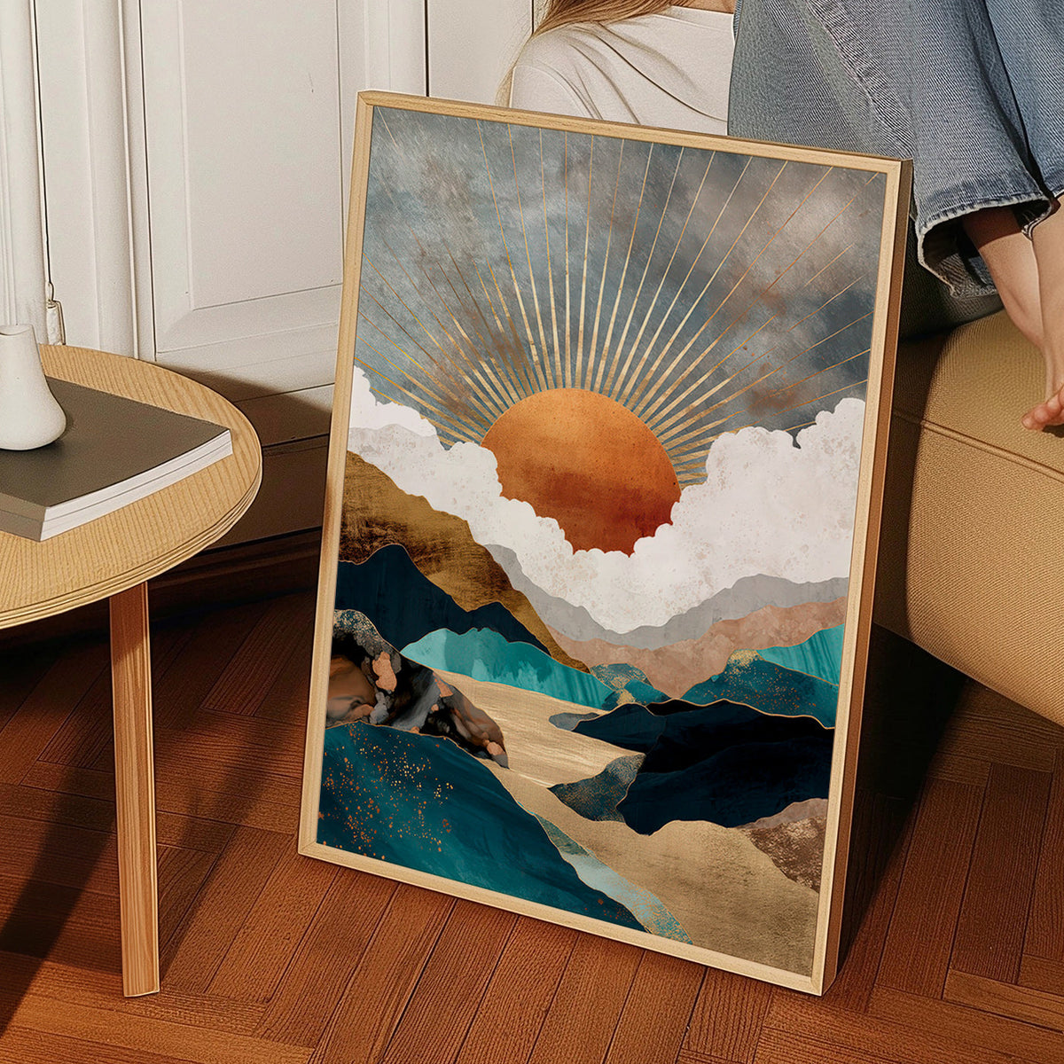 Cuadro de paisaje: atardecer dorado y montañas abstractas – Product1