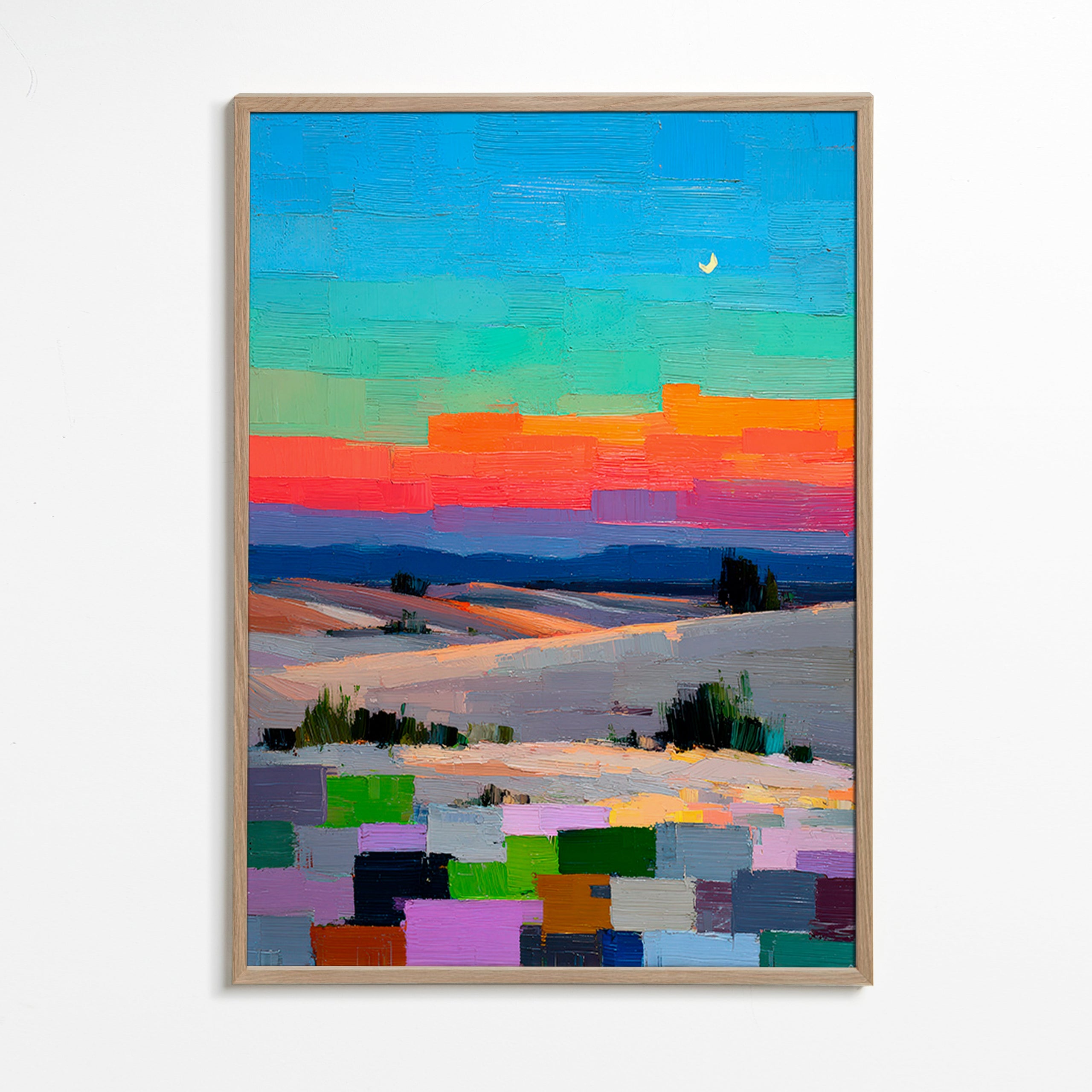 Cuadro de paisaje colorfield con luna – Oak Frame