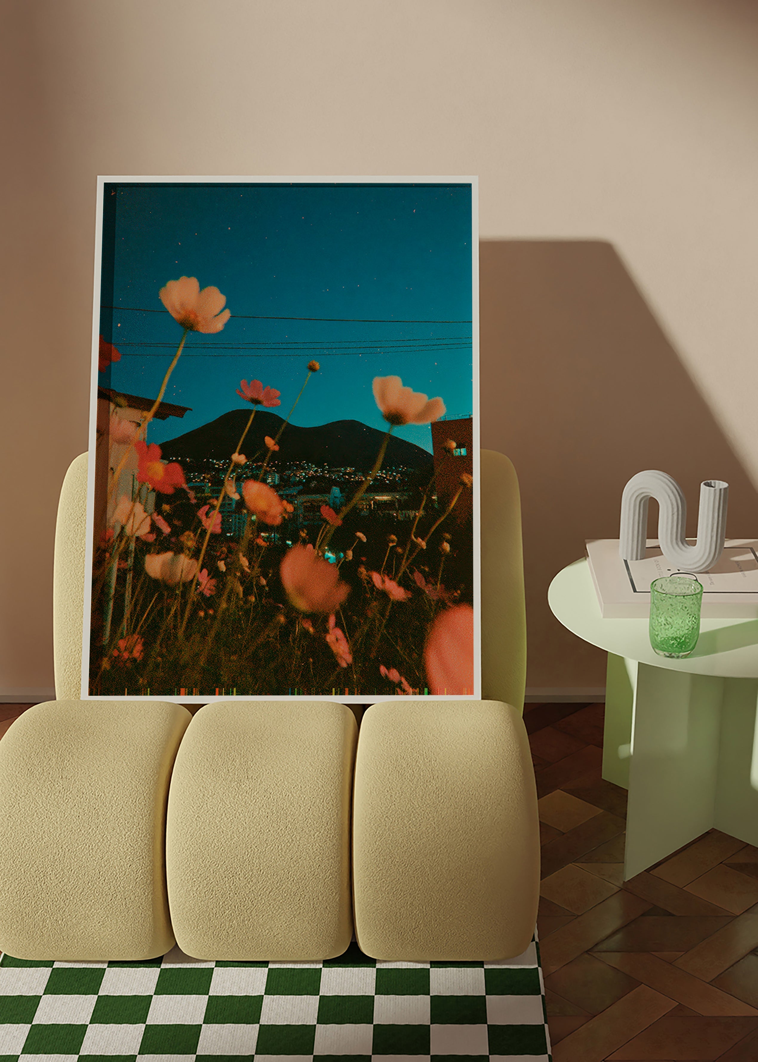 Botanical print wildflowers over city at dusk