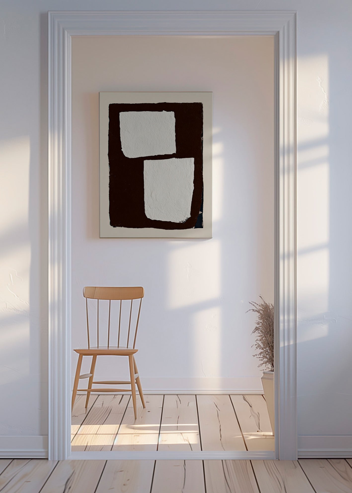 Abstract artwork in mocha with white blocks
