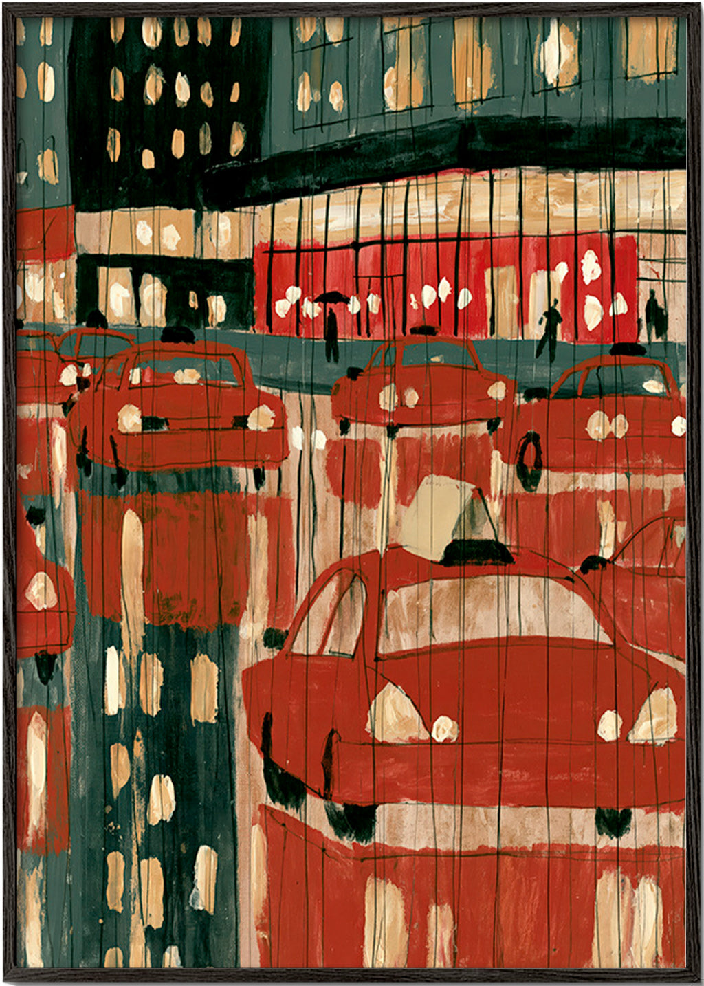 Cuadro de ciudades con taxis rojos y reflejos nocturnos – Black Frame