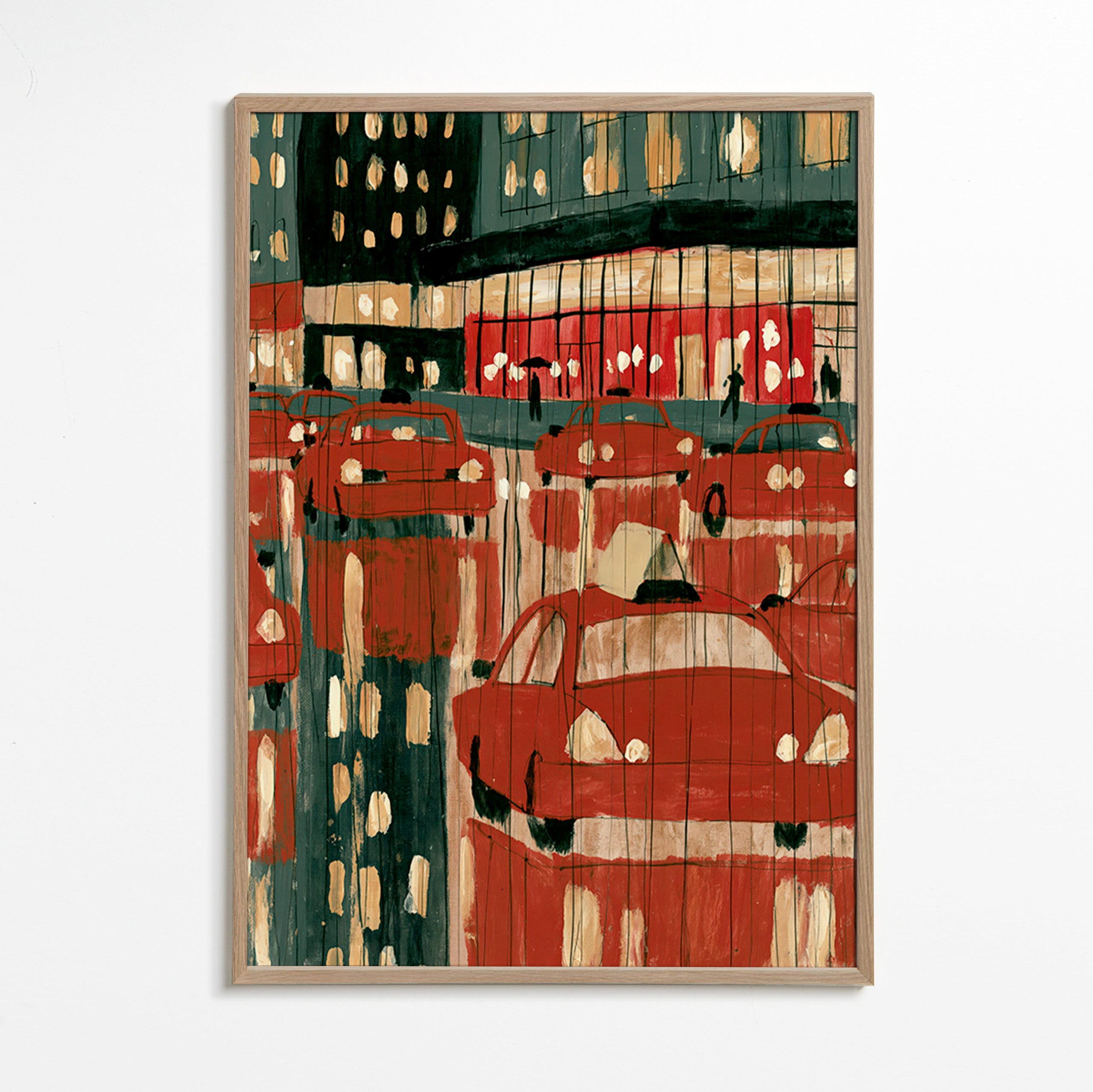 Cuadro de ciudades con taxis rojos y reflejos nocturnos – Oak Frame