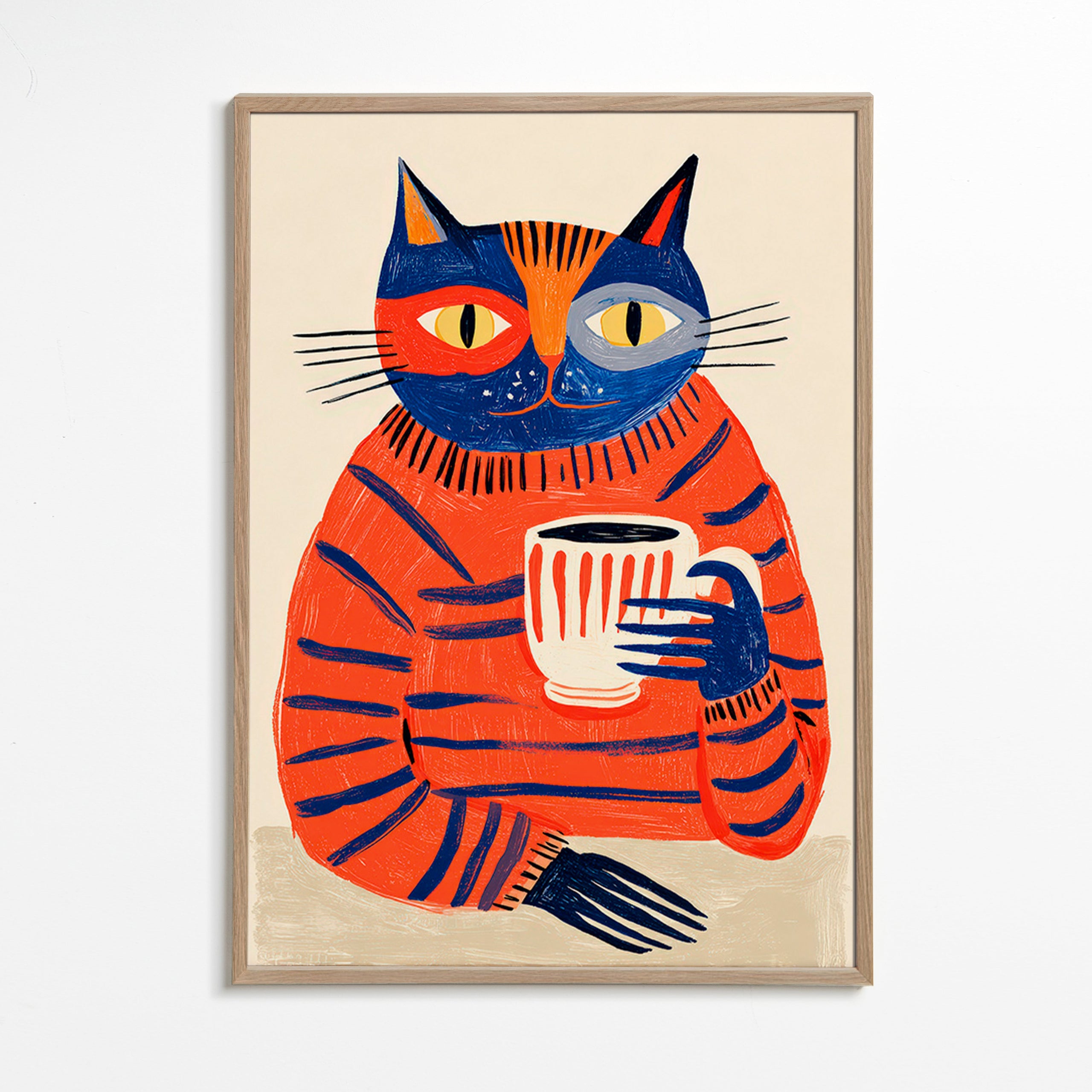 Cuadro de cocina con gato y taza – Oak Frame