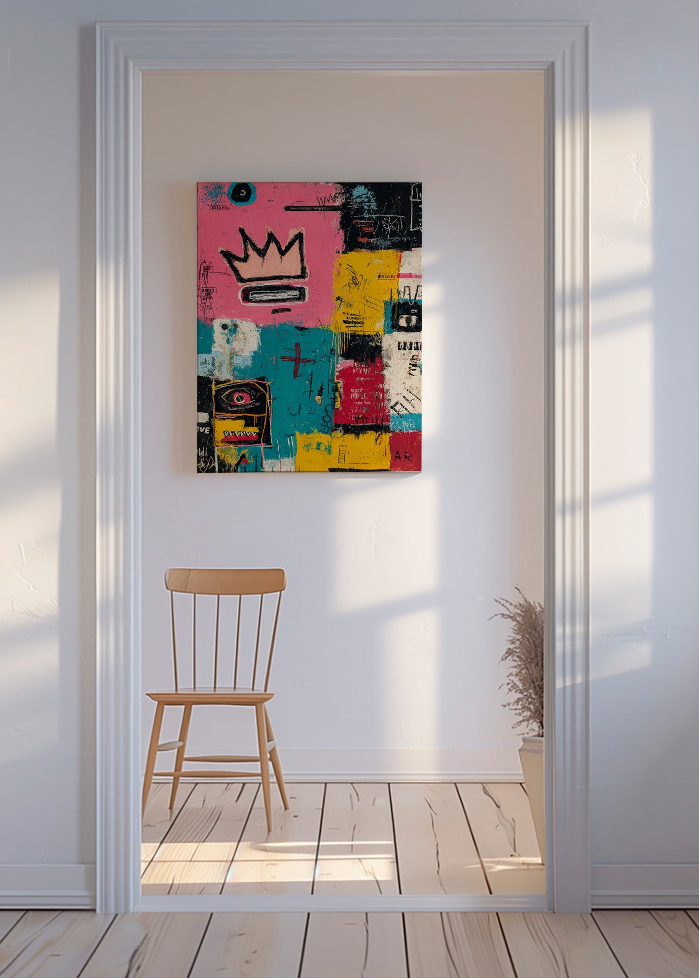 Abstract artwork with crown and color blocks