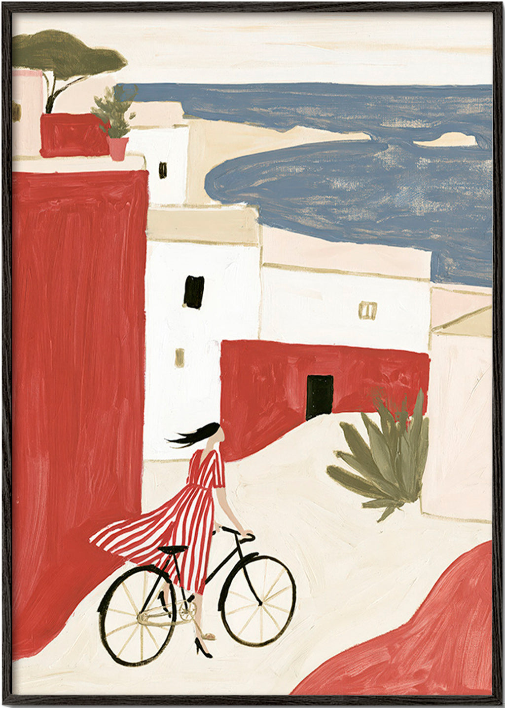 Ilustración con bicicleta en pueblo costero – Black Frame