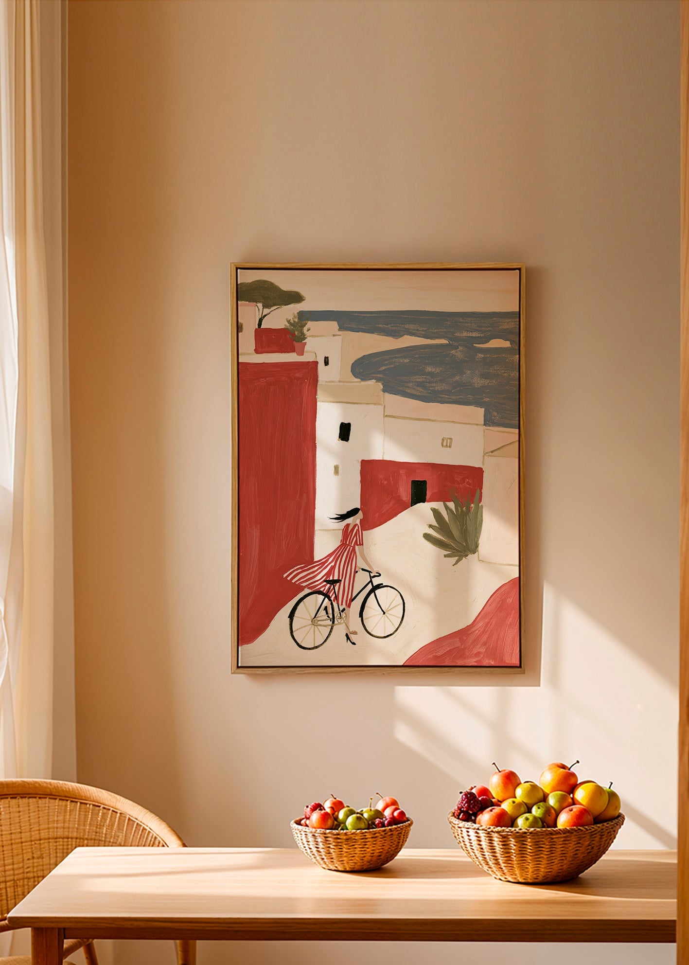 Ilustración con bicicleta en pueblo costero – Canvas2