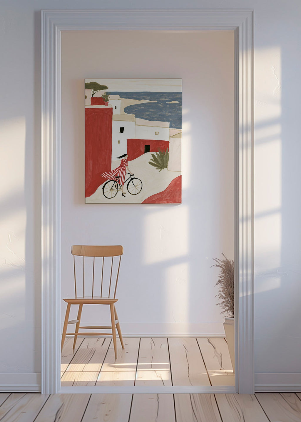 Ilustración con bicicleta en pueblo costero – Canvas
