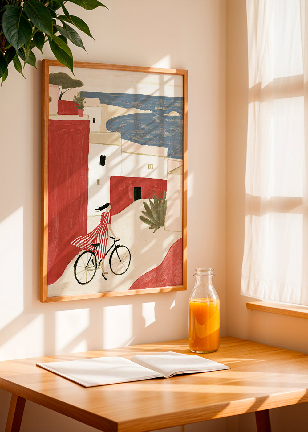Ilustración con bicicleta en pueblo costero – Product1