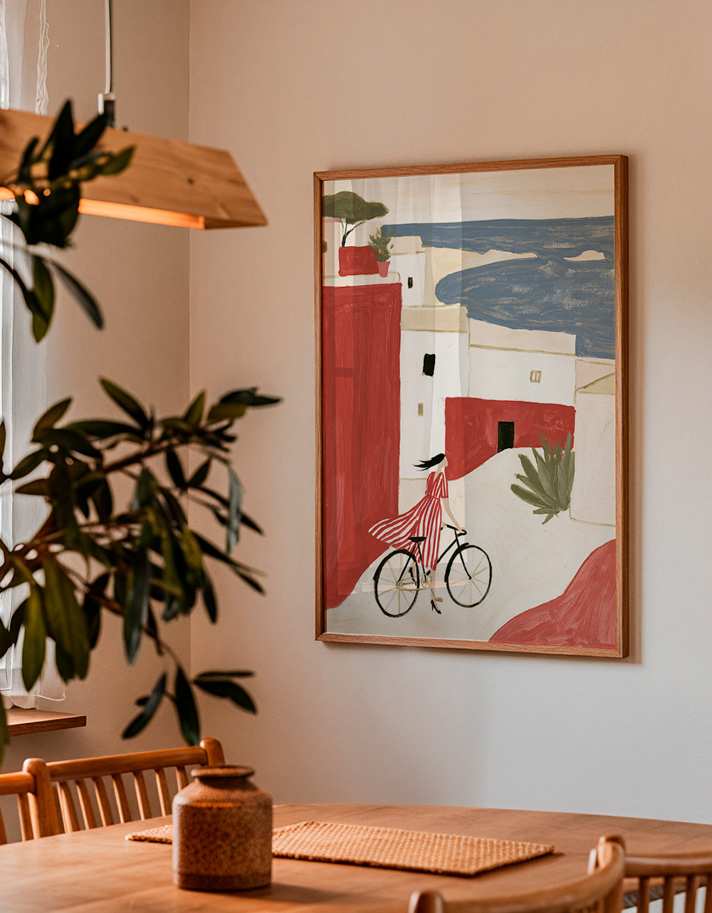 Ilustración con bicicleta en pueblo costero – Product2