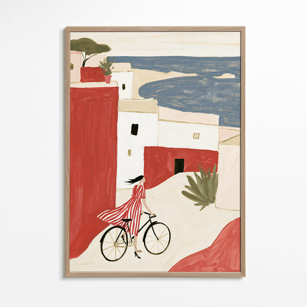 Ilustración con bicicleta en pueblo costero – Oak Frame