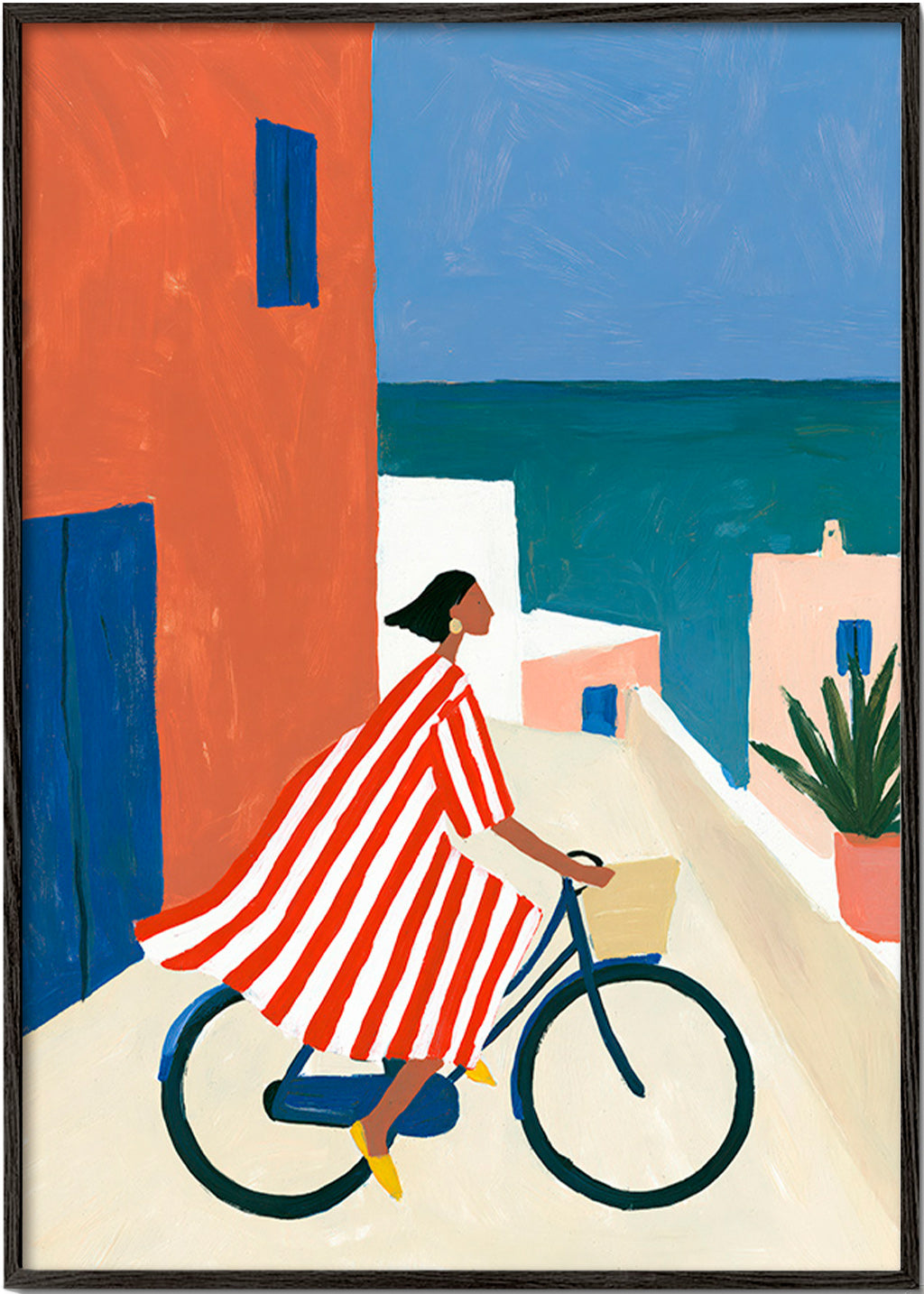 Cuadro de paisaje con ciclista junto al mar – Black Frame