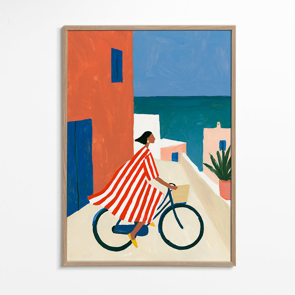 Cuadro de paisaje con ciclista junto al mar – Oak Frame