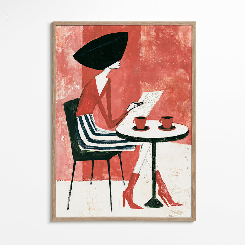 Cuadro de cocina con mujer y café – Oak Frame