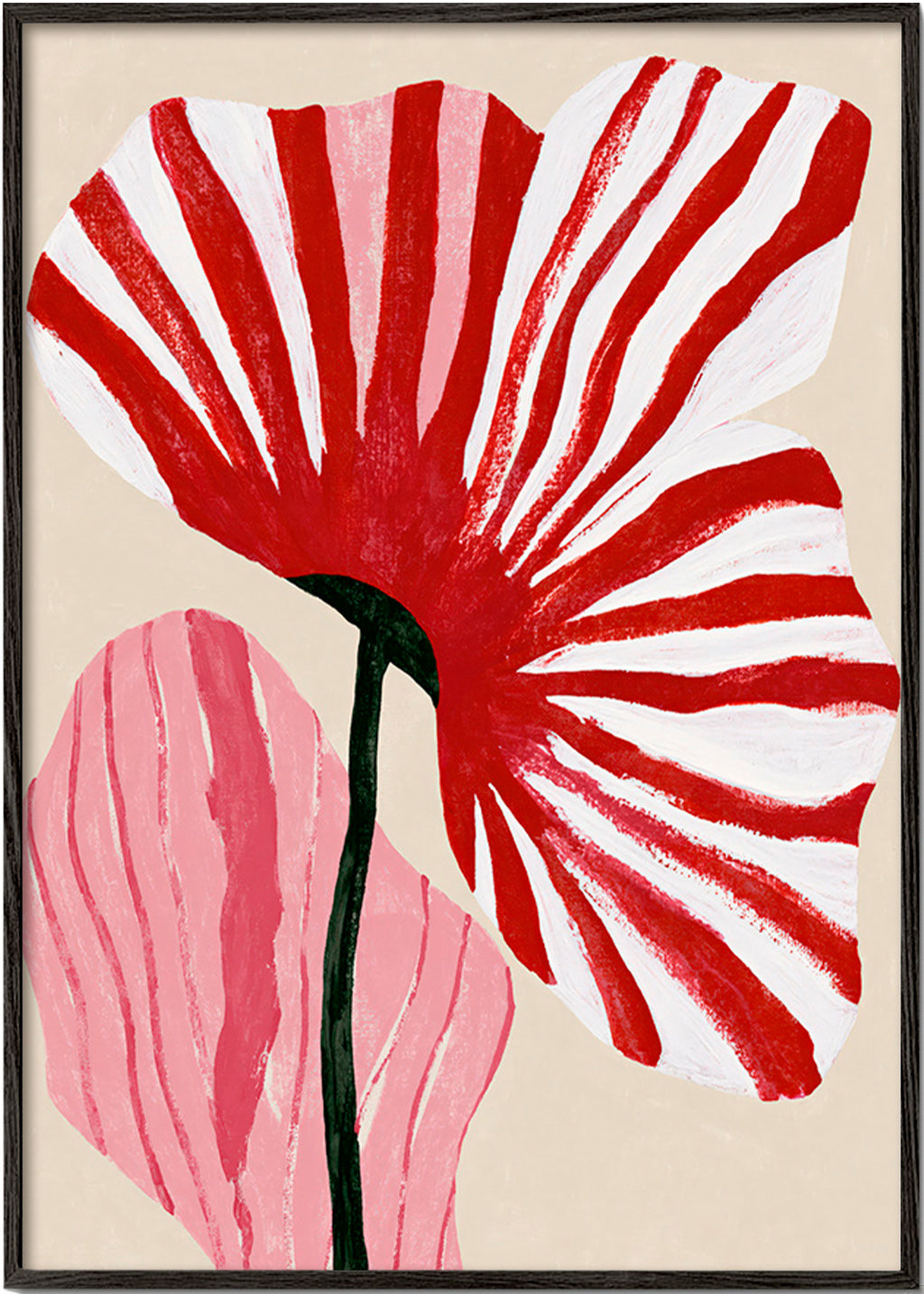 Lámina botánica roja con pétalos rayados – Black Frame