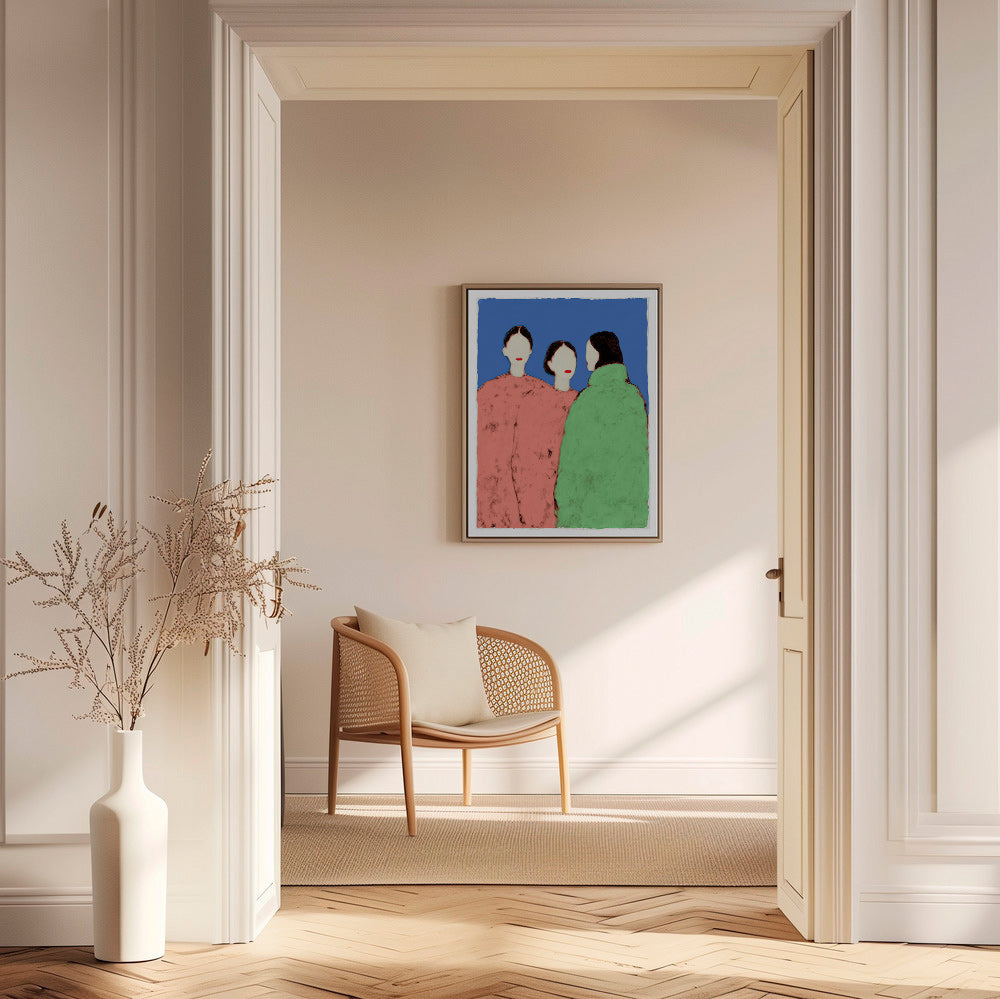 Illustration of three stylized figures on blue background