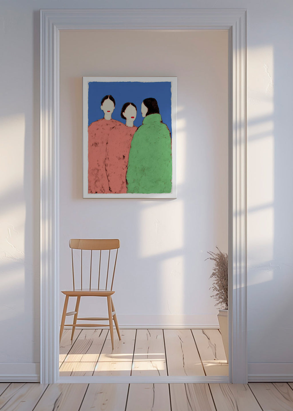Illustration of three stylized figures on blue background
