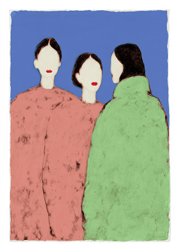 Illustration of three stylized figures on blue background